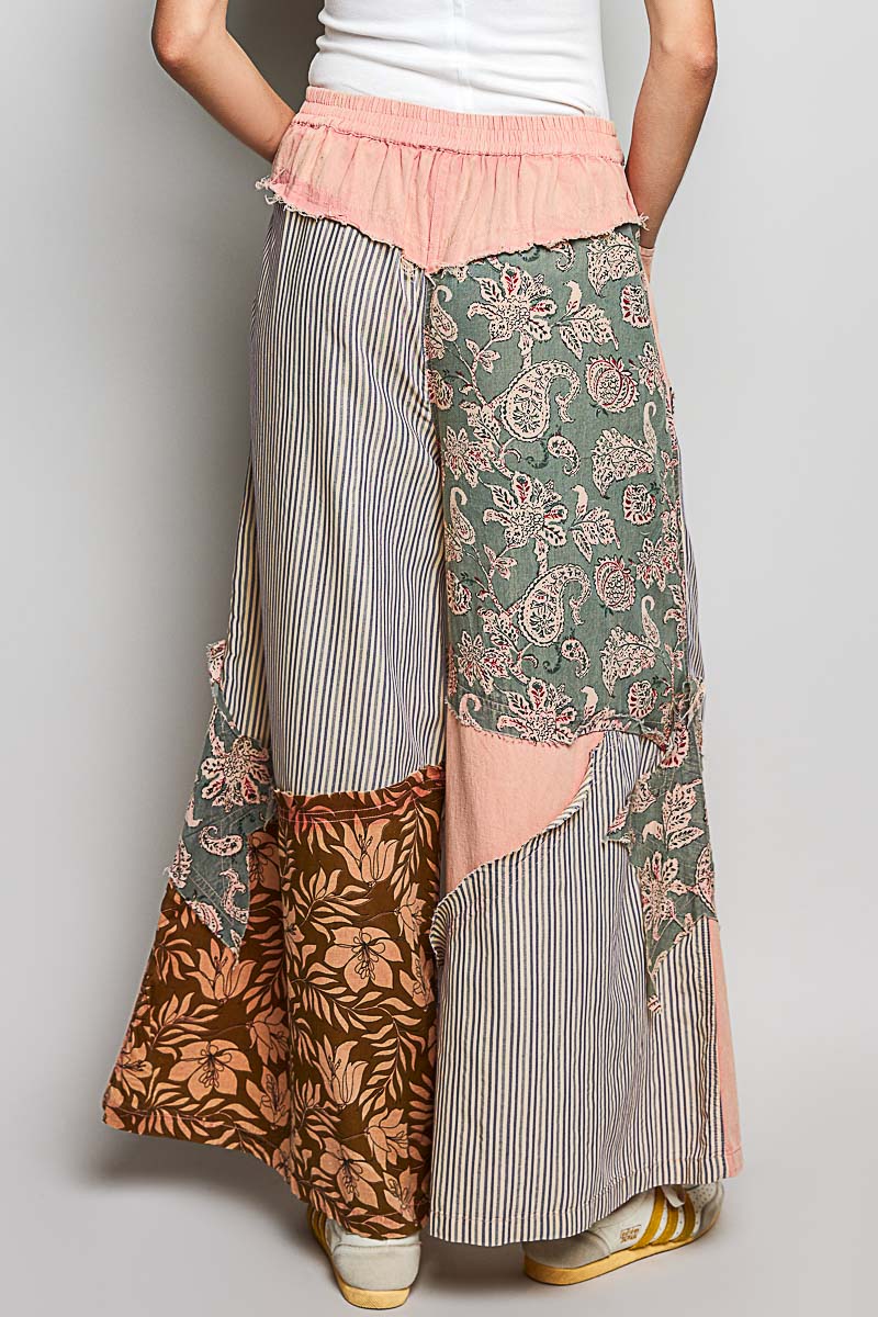 POL Peach Multi Striped Floral Patchwork Wide leg Pants with Side Big Star Patch