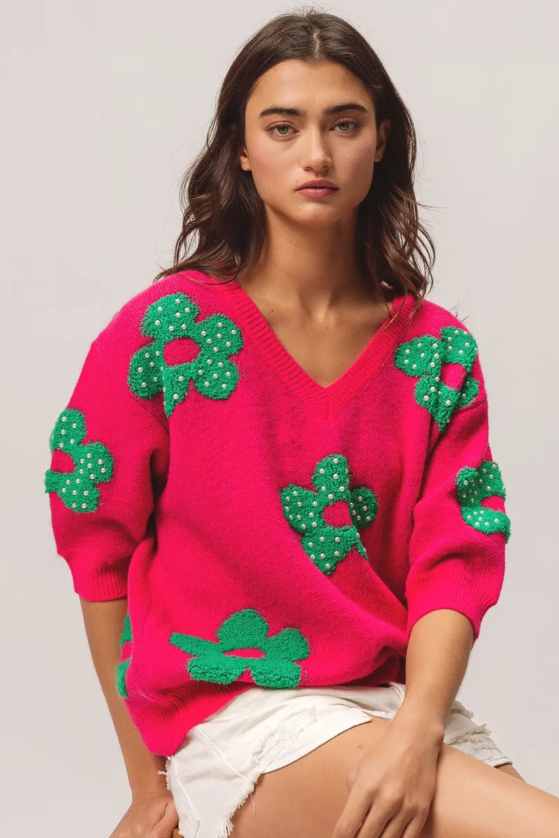BiBi Fuchsia & Jade Pearl Beads Flowers Sweater Top