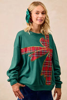 BiBi Plaid Ribbon Bow Detail Christmas Fleece Pullover – Green/Red Plaid