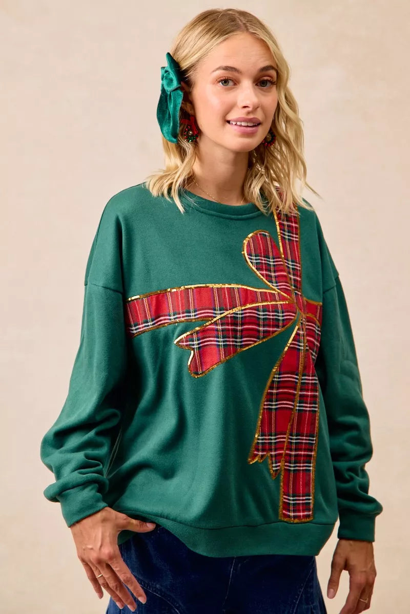 BiBi Plaid Ribbon Bow Detail Christmas Fleece Pullover – Green/Red Plaid