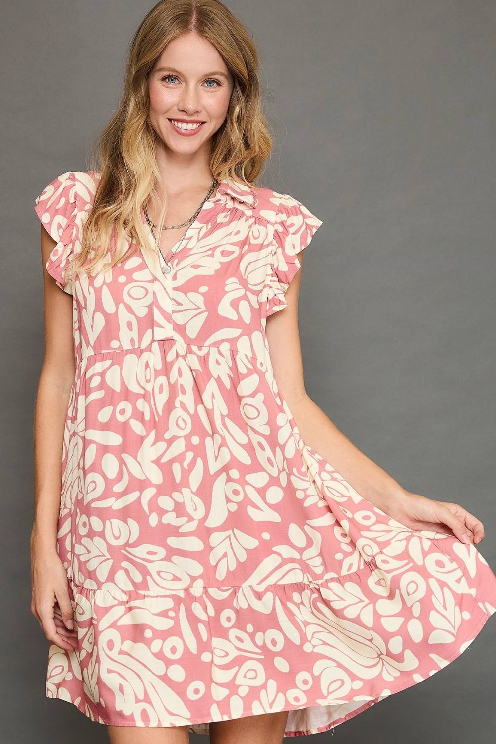 Umgee Blush Pink Two Tone Printed Ruffled Cap Sleeve Mini Dress Blush Pink