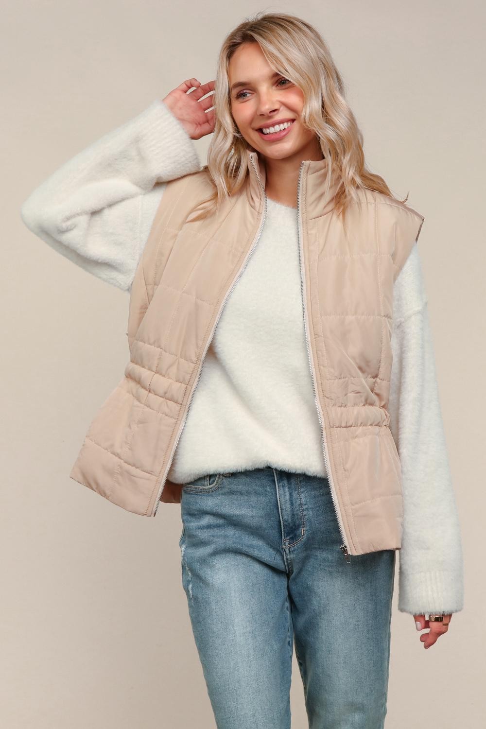 Haptics High Nevk Quilted Zip Up Tan Puffer Vest