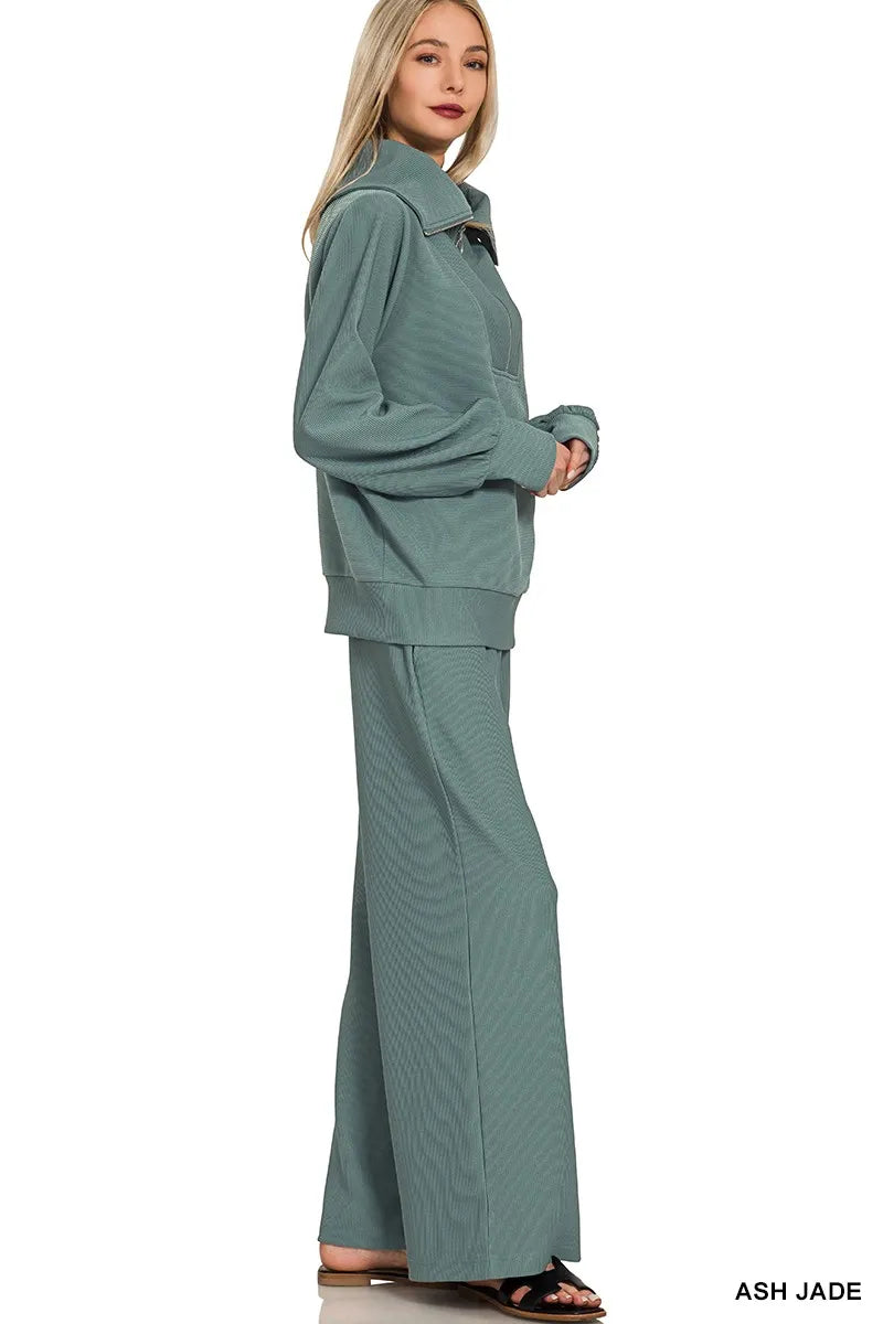 Zenana Ash Jade Ribbed High Neck Half Zip Pullover & Pants Set