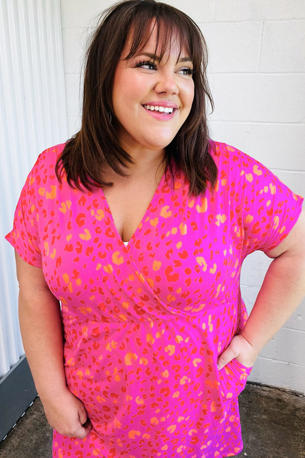 Haptics Rose Leopard Surplice V Neck Pocketed Dress