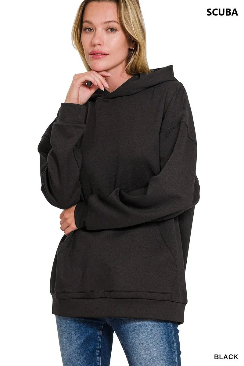Zenana Black Oversized Scuba Hoodie with Kangaroo Pocket