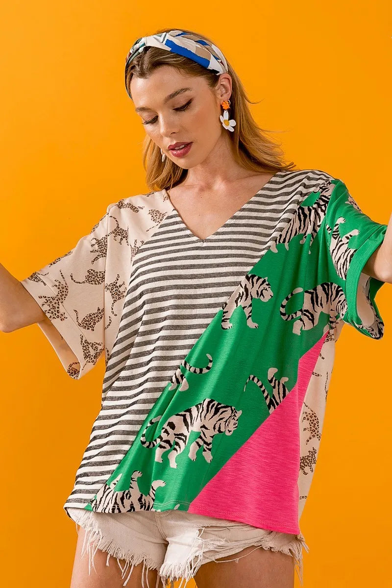 BiBi Tiger W Stripe Contrast Color Block V Neck Top