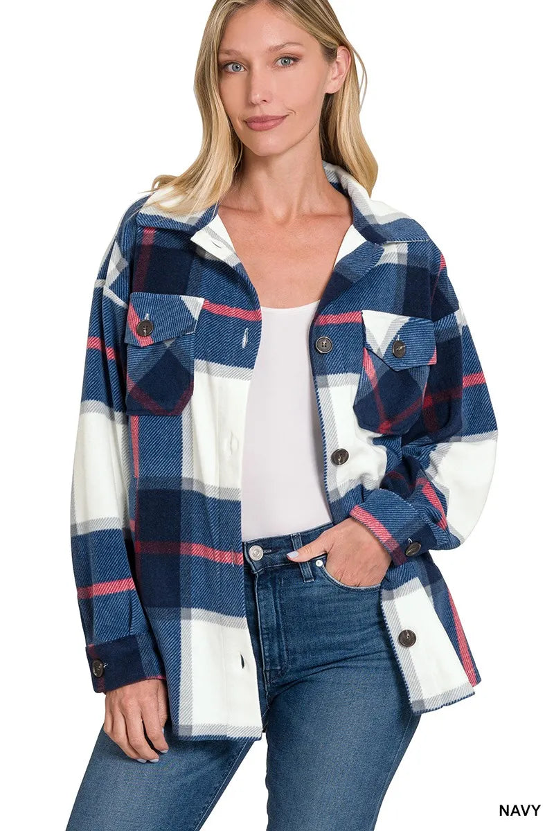 Zenana Navy Oversized Plaid Fleece Shacket