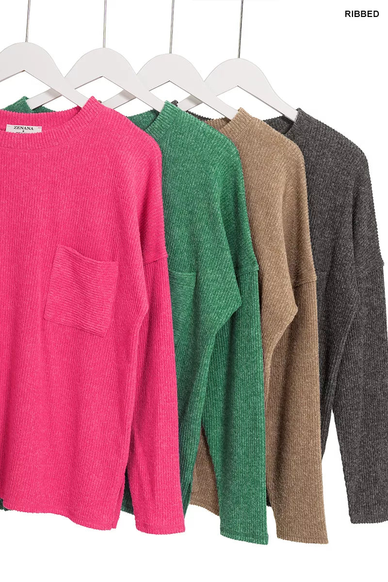 Zenana Dark Pink Ribbed Brushed Melange Hacci Sweater with Chest Pocket