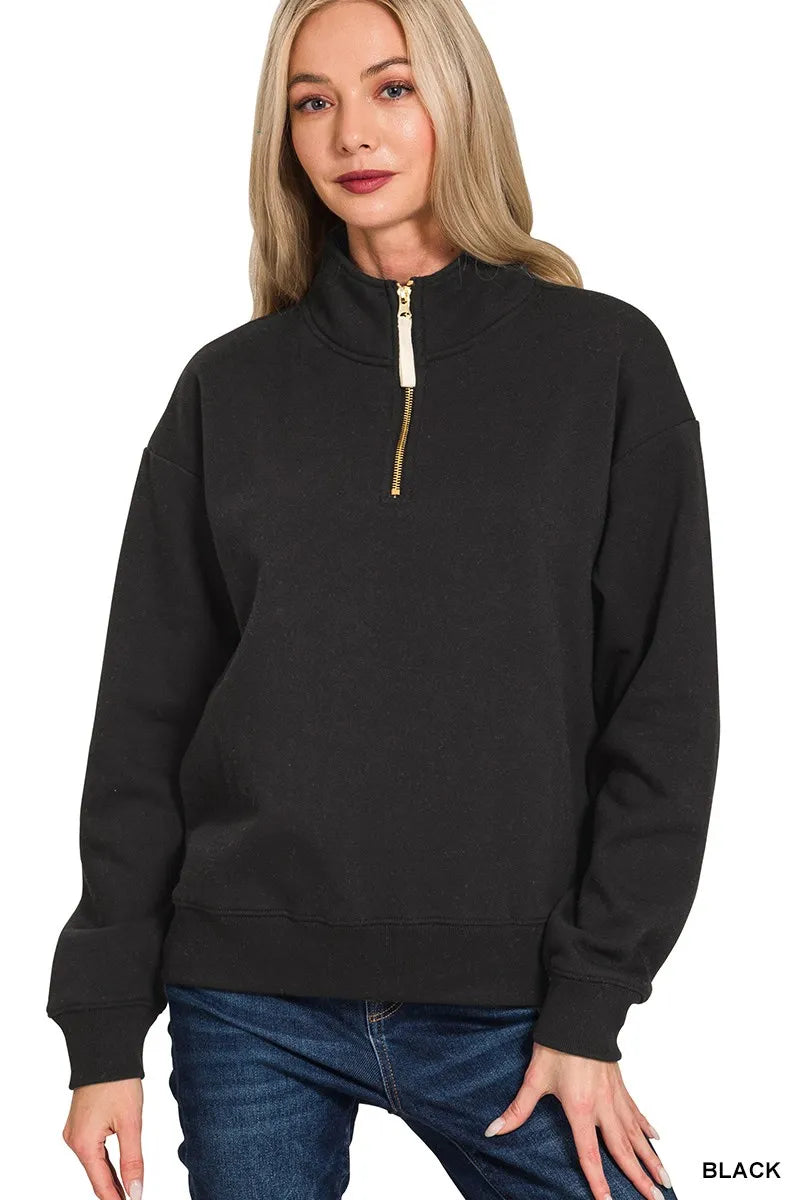Zenana Black Fleece Half Zip Sweatshirt