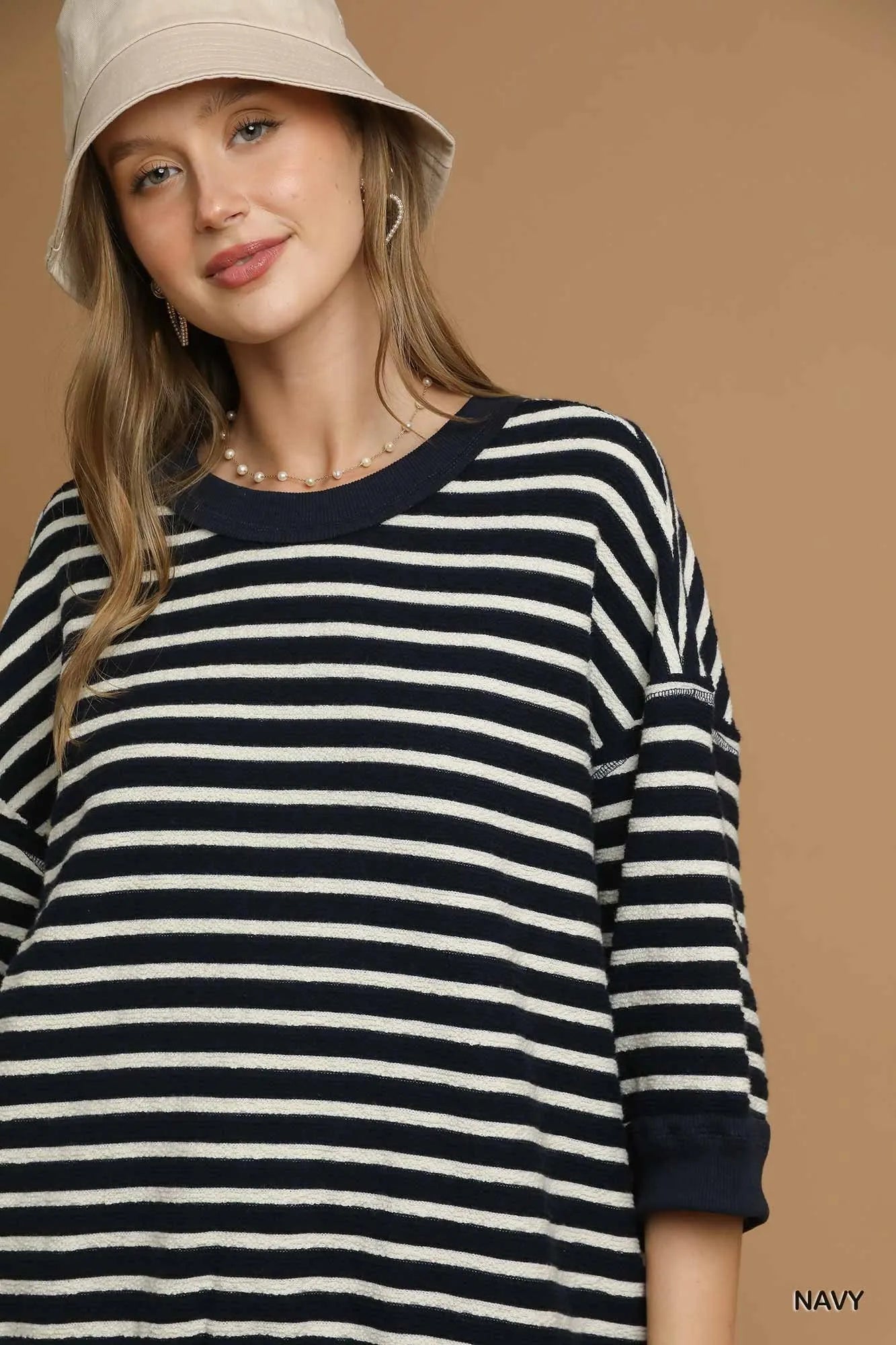 Umgee Navy Ribbed Hem Striped Oversized Knit Top