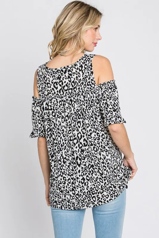 Heimish Ivory and Black Leopard Round Neck Cold Shoulder Top