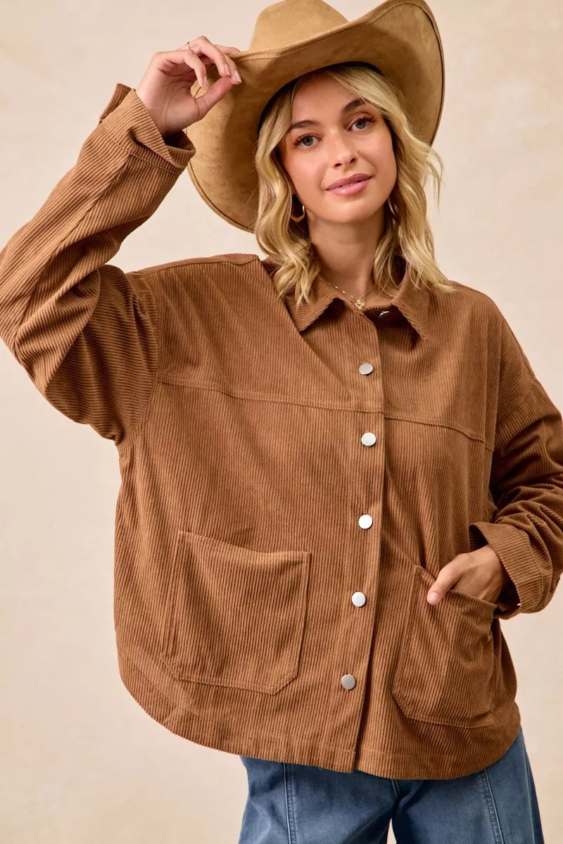 BiBi Camel Corduroy Relaxed Fit Shacket with Back Pleat
