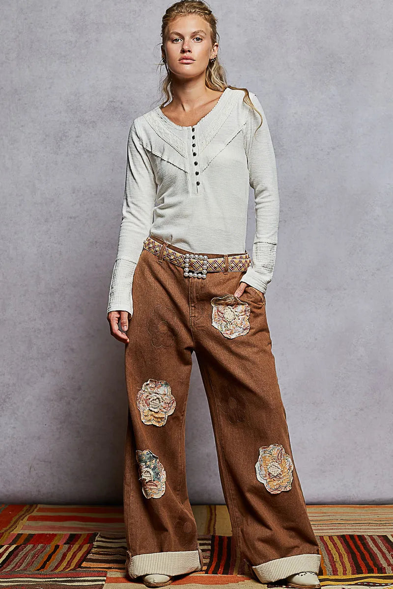 POL Ivory Double Gauze Ribbed Half Button Lace Detail Knit Top