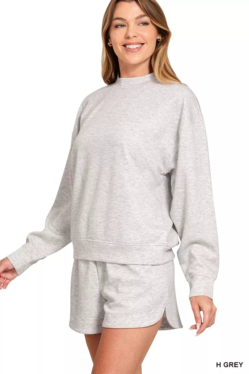 Zenana Heather Grey Scuba Long Sleeve Sweatshirt and Shorts Set H GREY