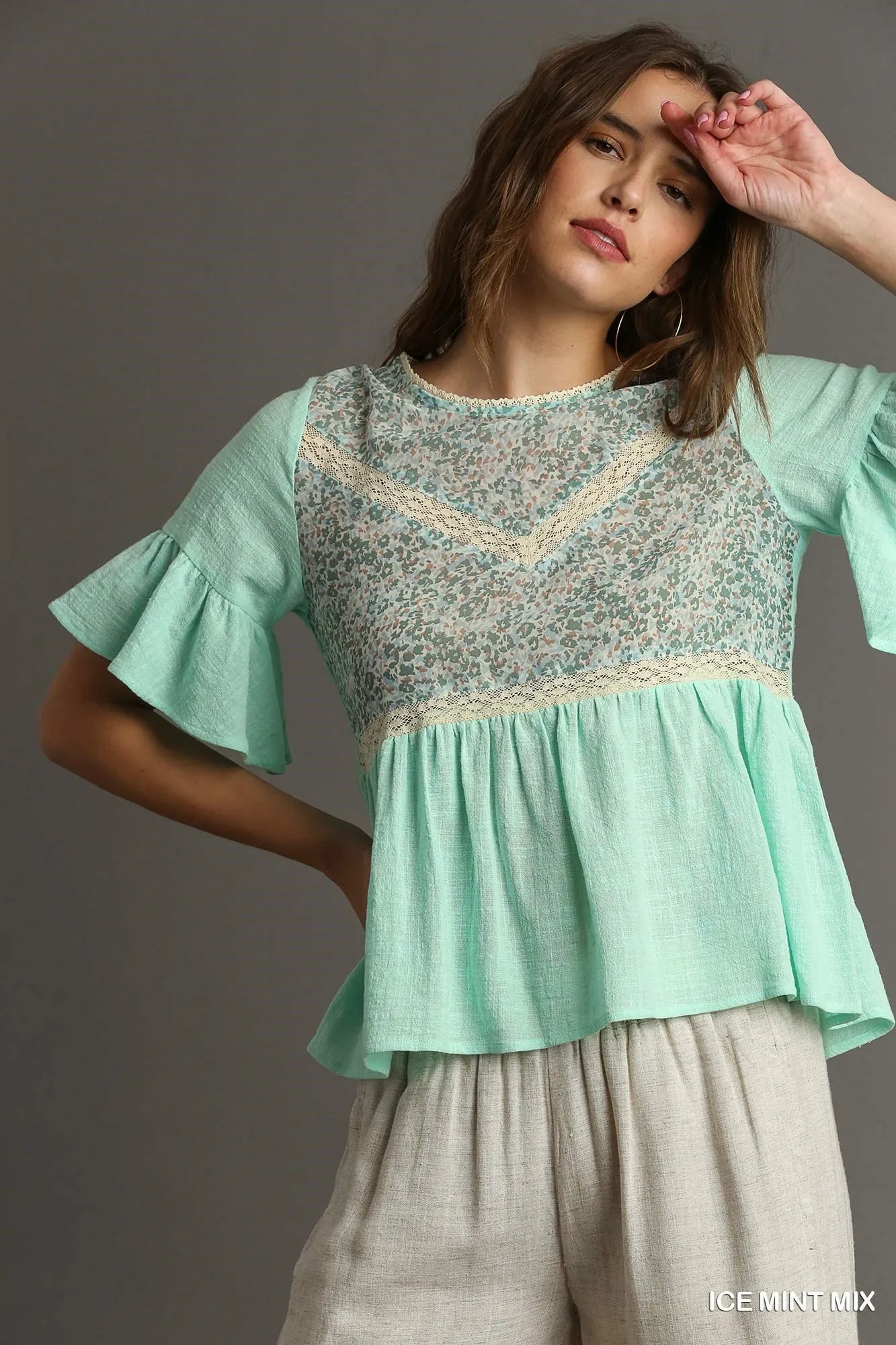 Umgee Ice Mint Mix Floral Lace Trimmed Detail Half Sleeve Babydoll Top ICE MINT MIX