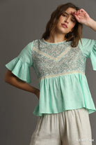 Umgee Ice Mint Mix Floral Lace Trimmed Detail Half Sleeve Babydoll Top ICE MINT MIX