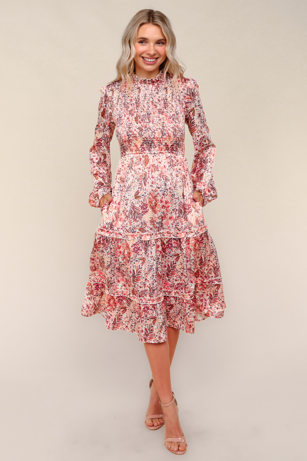 Haptics Midi Satin Floral Tiered Dress with Side Pockets