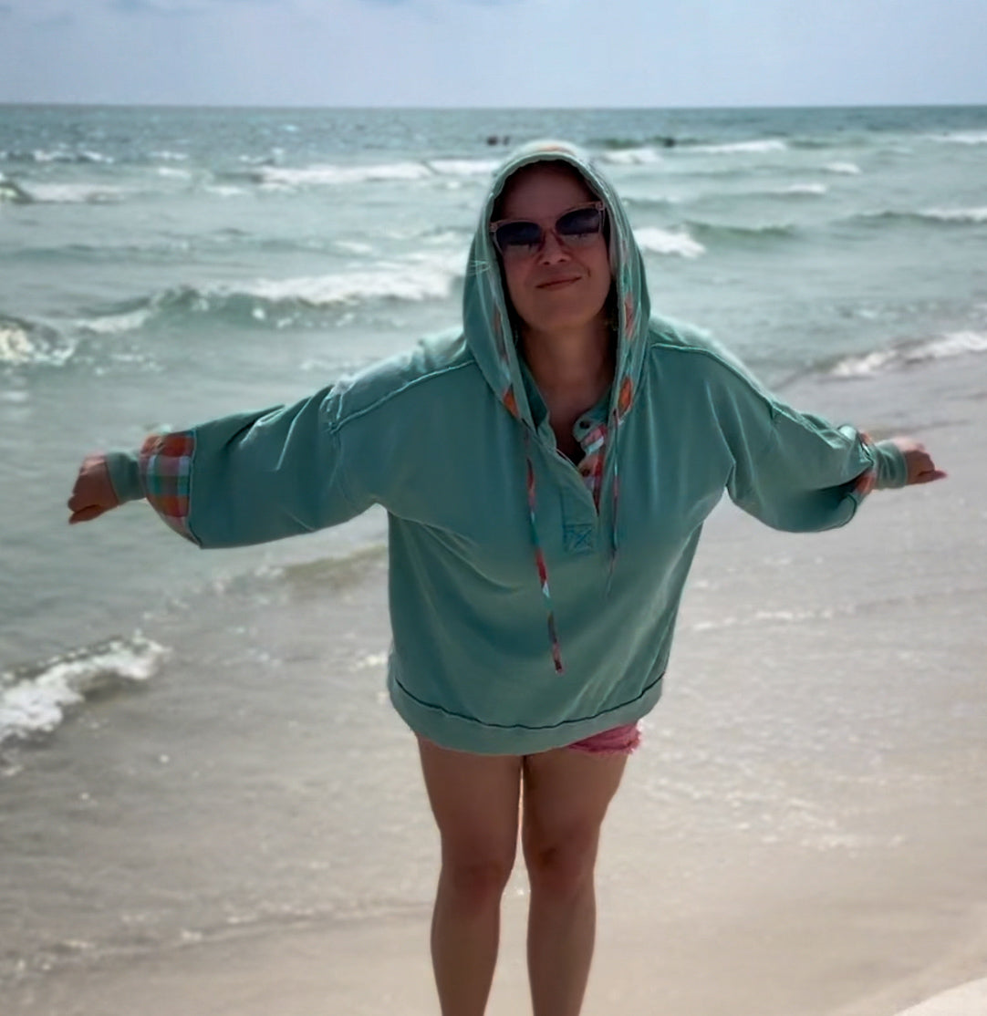 SAGE + FIG Eucalyptus Plaid Print Washed Hoodie Shirts & Tops