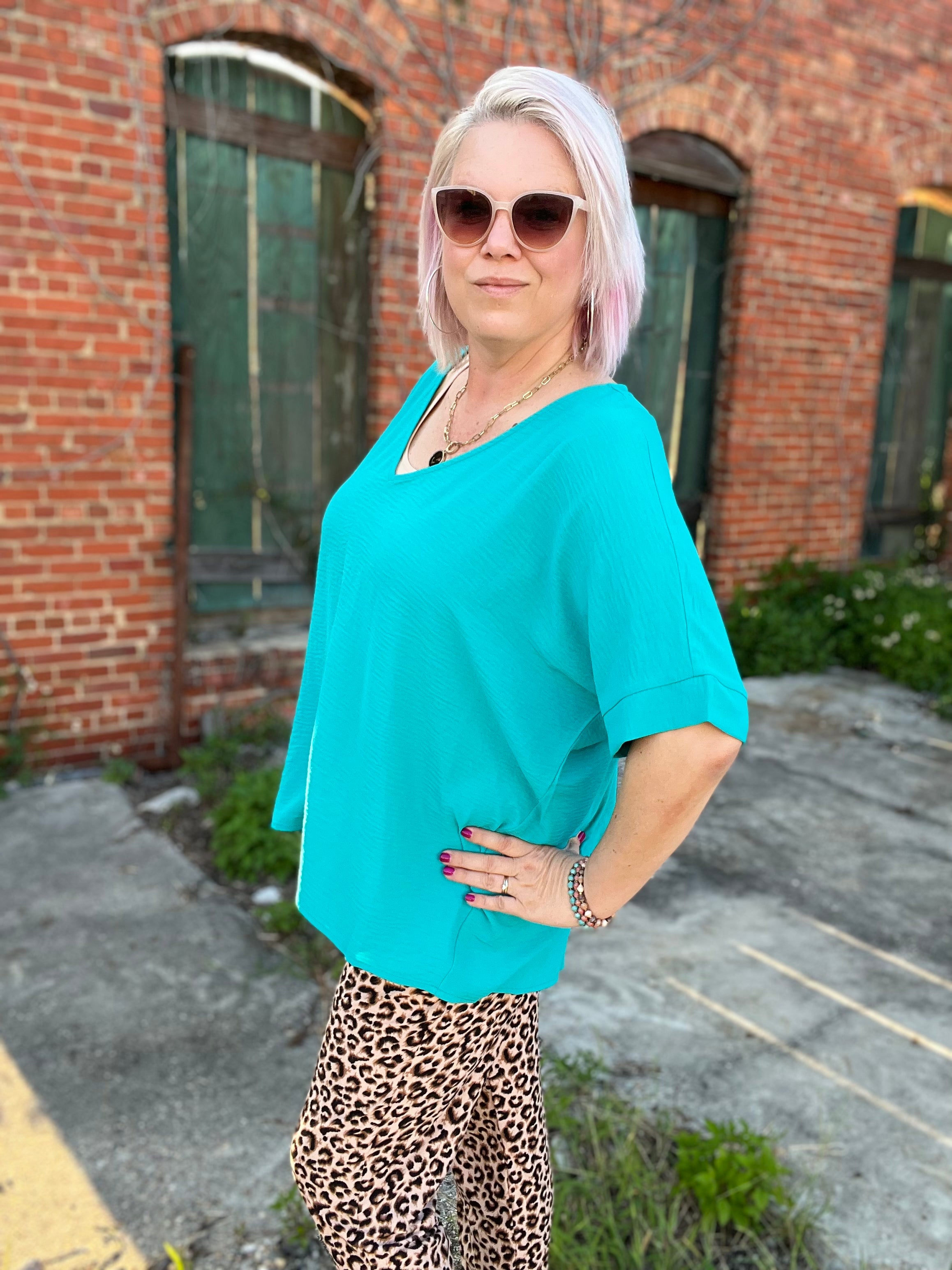 Zenana Light Teal Woven V Neck Dolman Short Sleeve Airflow Top Lt Teal