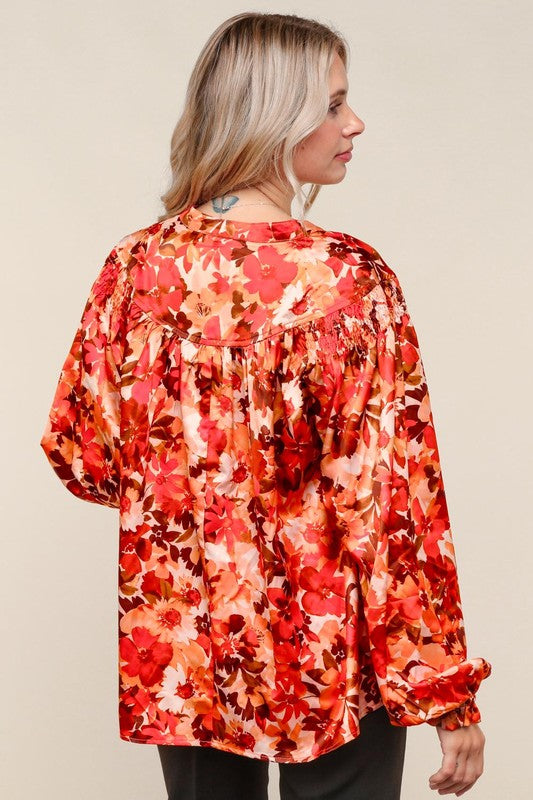 Haptics Rust Floral Print Notched Neck Smocked Satin Blouse