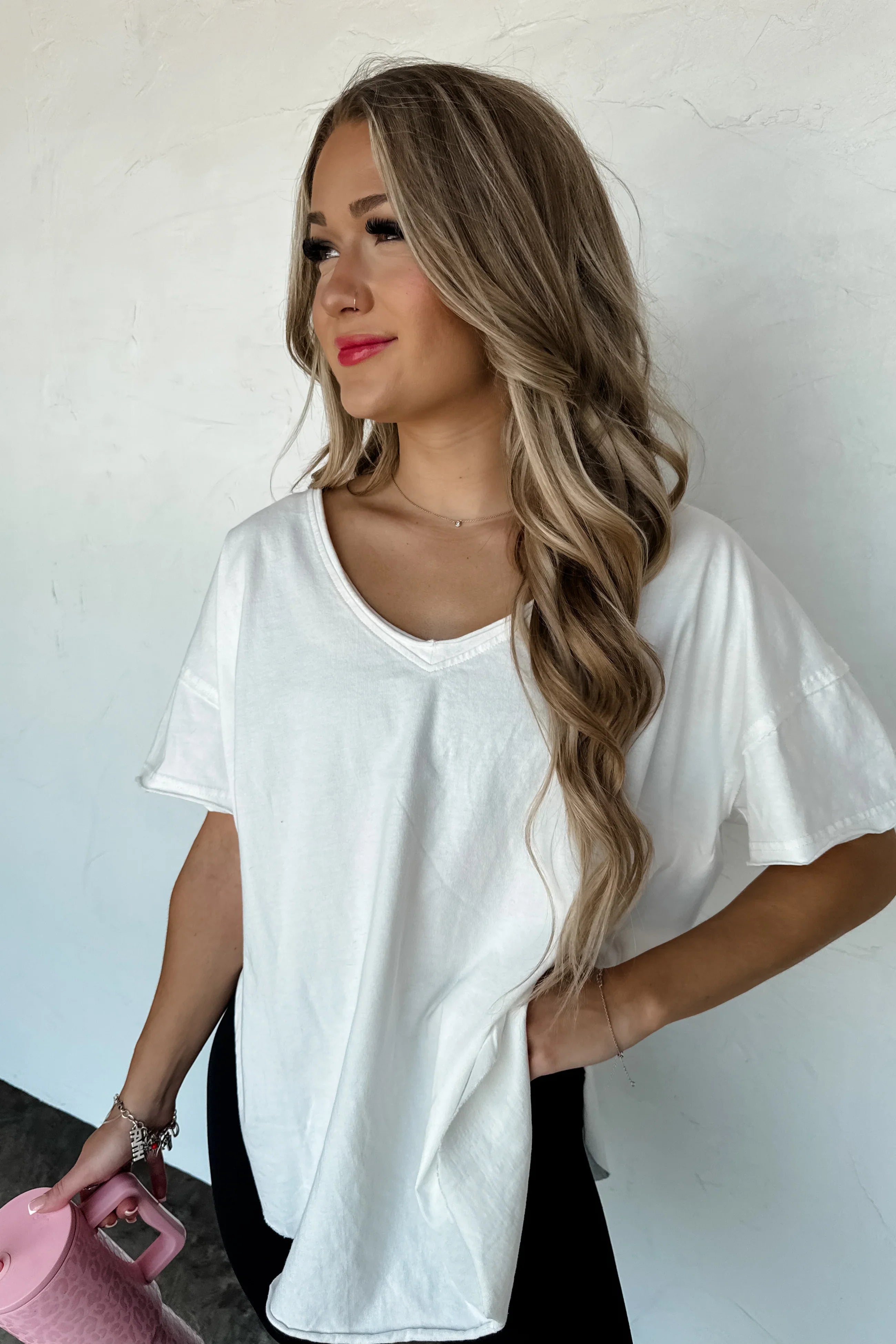 PREORDER: Blakeley Joey V-Neck Washed Cotton Boyfriend Tee White Womens