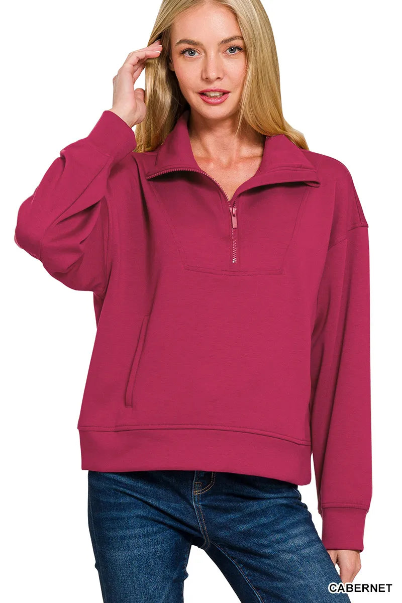 Zenana Cabernet Scuba Quarter-Zip Long Sleeve Sweatshirt