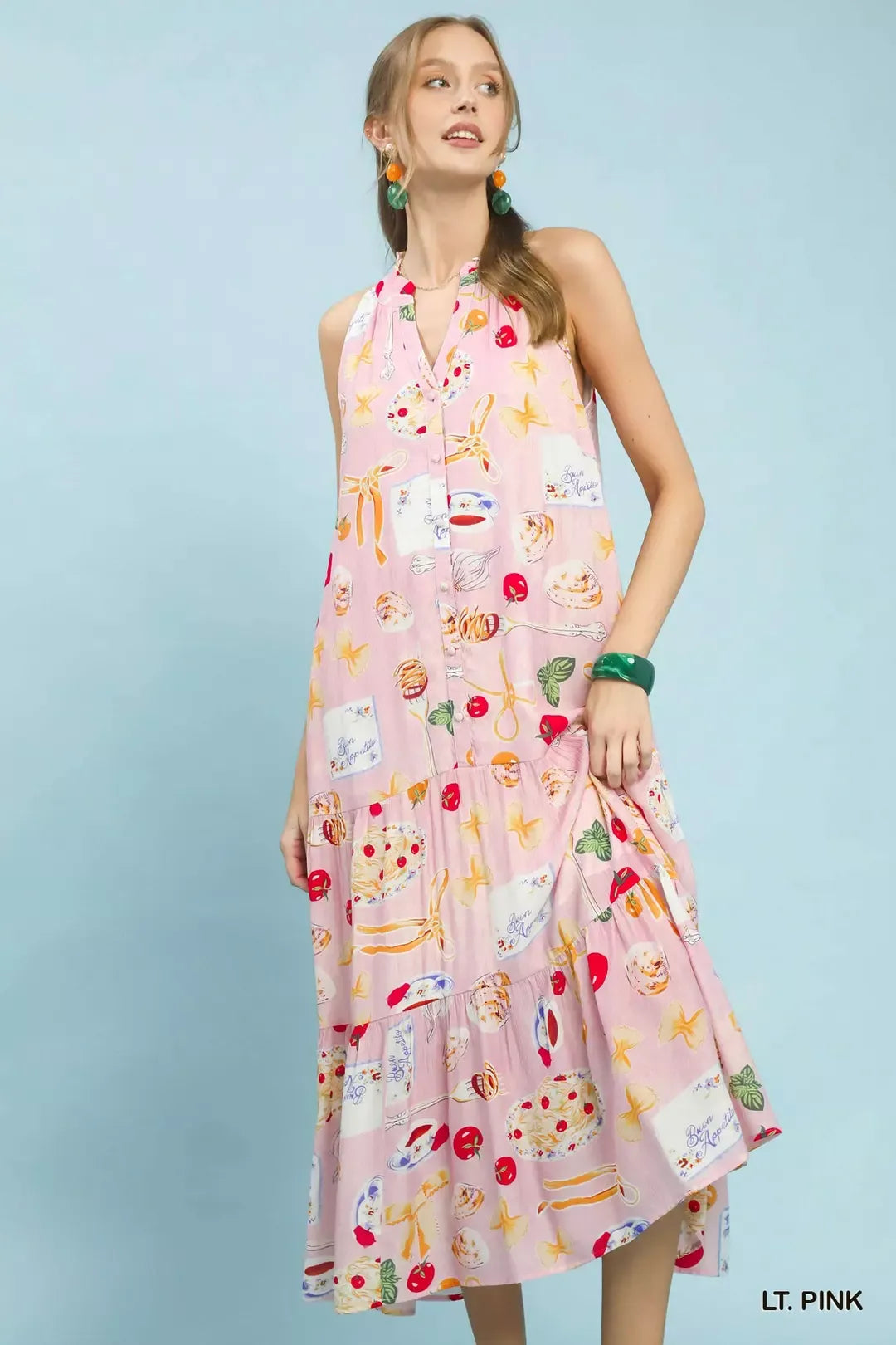 Umgee Light Pink Abstract Print Tiered Halter Midi Dress LT. PINK