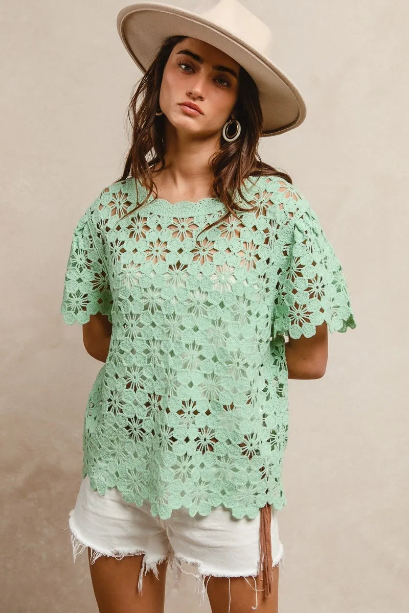 BiBi Light Green Openwork Crochet Short Sleeve Knit Top