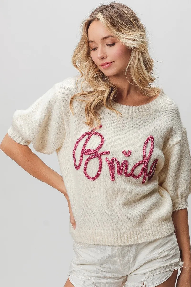 BiBi Ivory Bride Metallic Letter Short Puff Sleeve Hairy Sweater