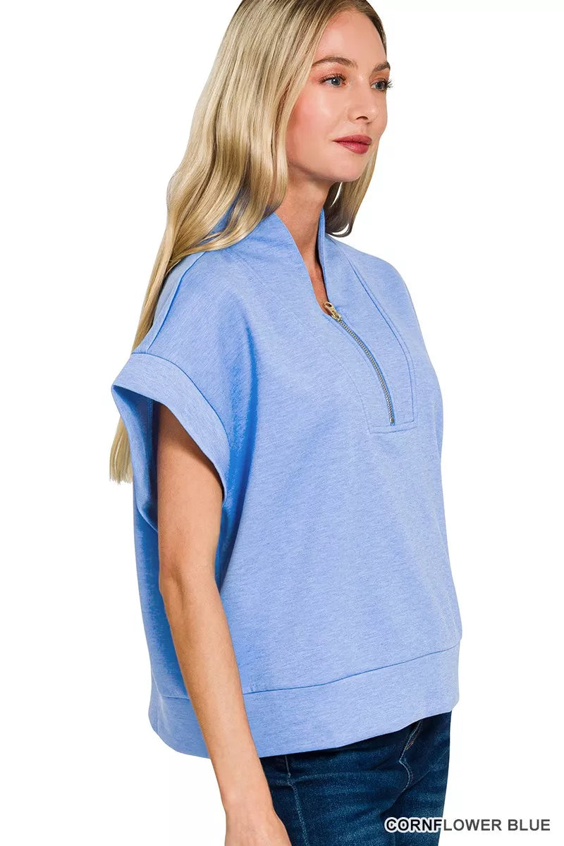 Zenana Cornflower Blue Scuba High Neck Half Zip Top