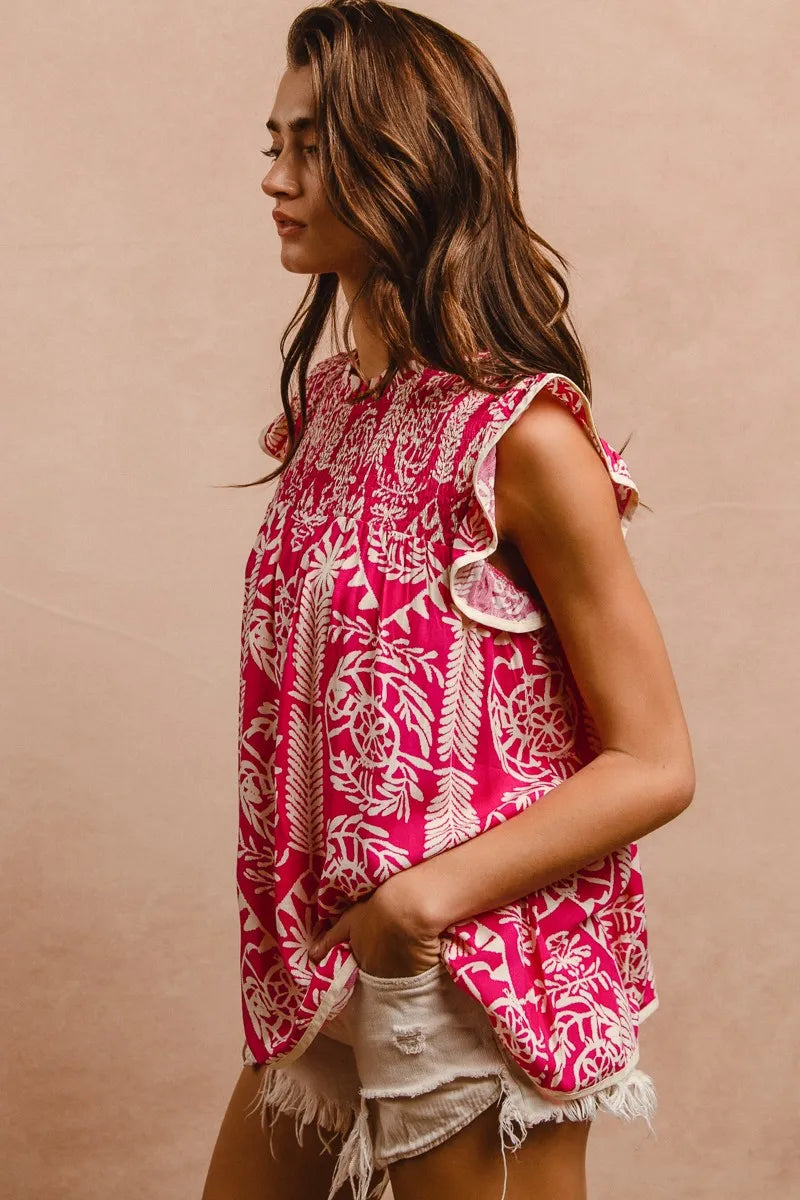 BiBi Pink Printed Ruffle Sleeve Top