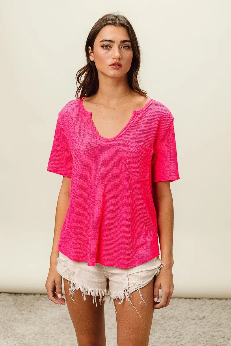 BiBi Fuchsia Waved Rib U Neck Top With Front Pocket