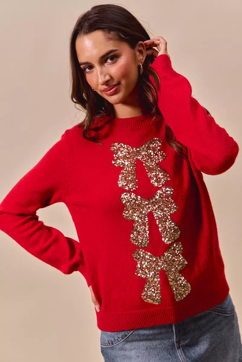 SO ME Red & Gold Sequins Bow Ribbon Embellished Christmas Sweater