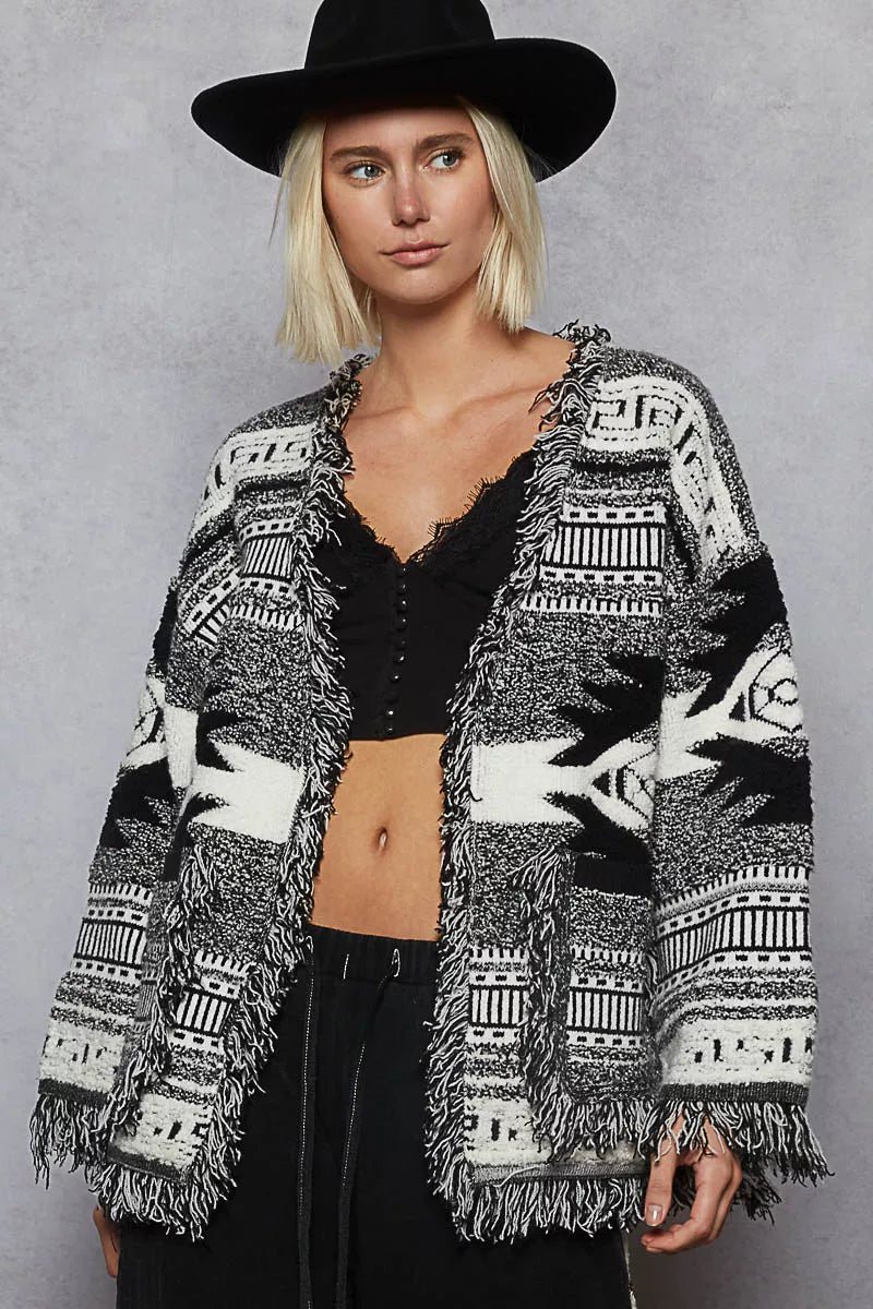 POL Black Multi Open Front Geometric Print Cardigan with Fringe Detail