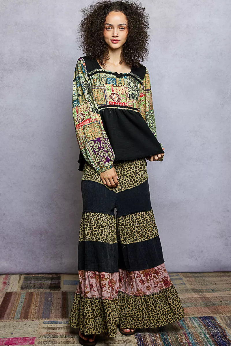 POL Black Balloon Sleeve Peplum Blouse with Trim Detail