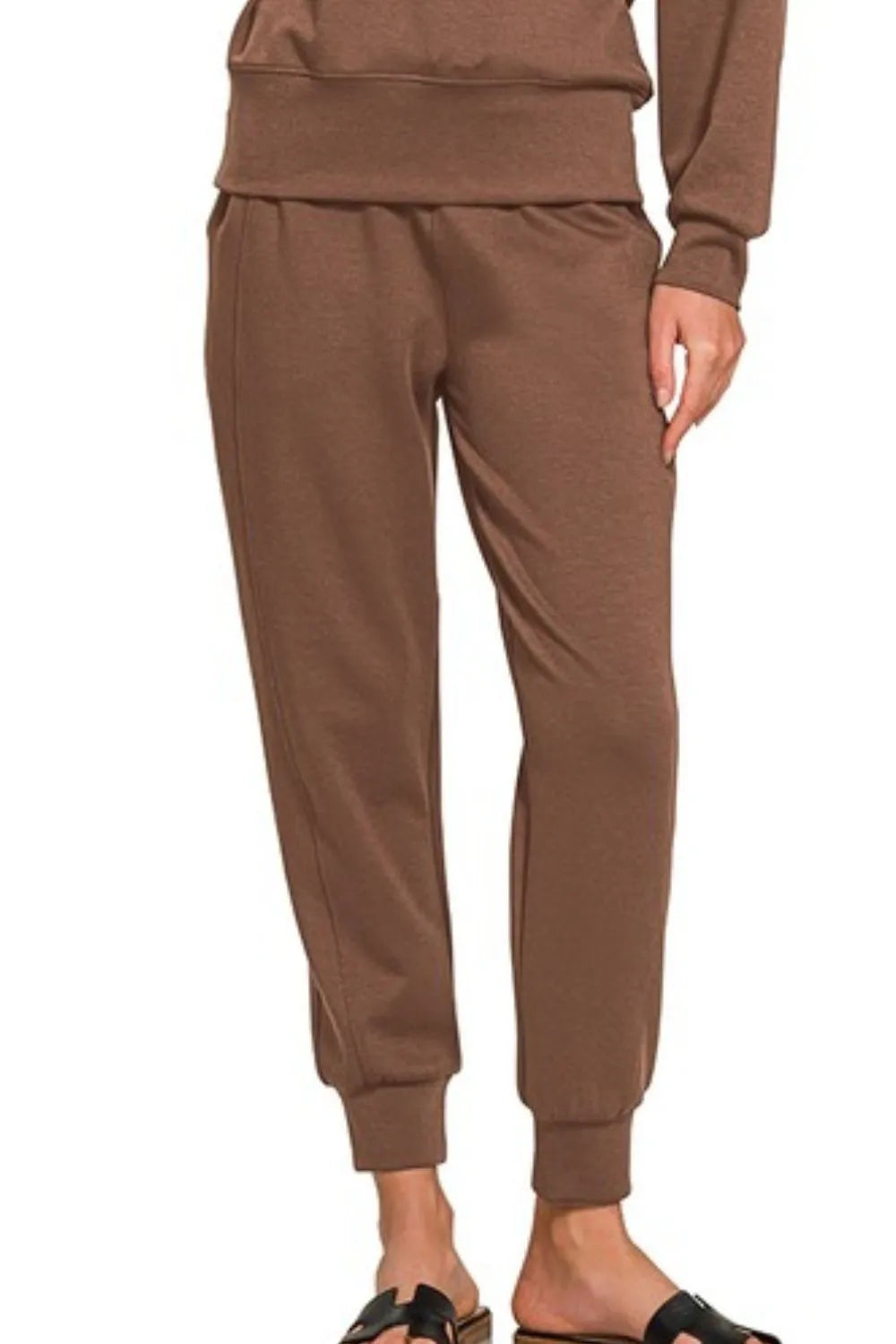 Zenana Brown Scuba Crewneck Pullover & Joggers 2 Piece Set