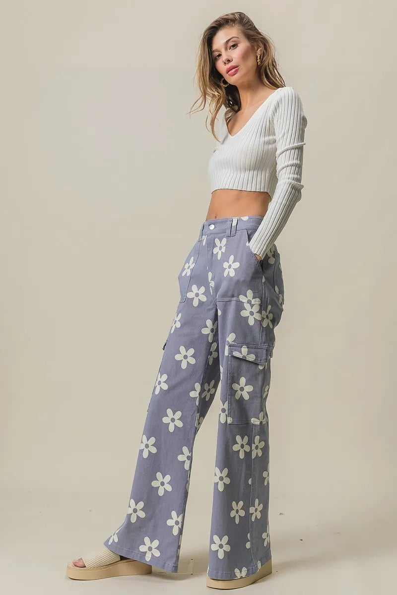 BiBi Dusty Lavender Flower Printed Side Pocket Wide Pants