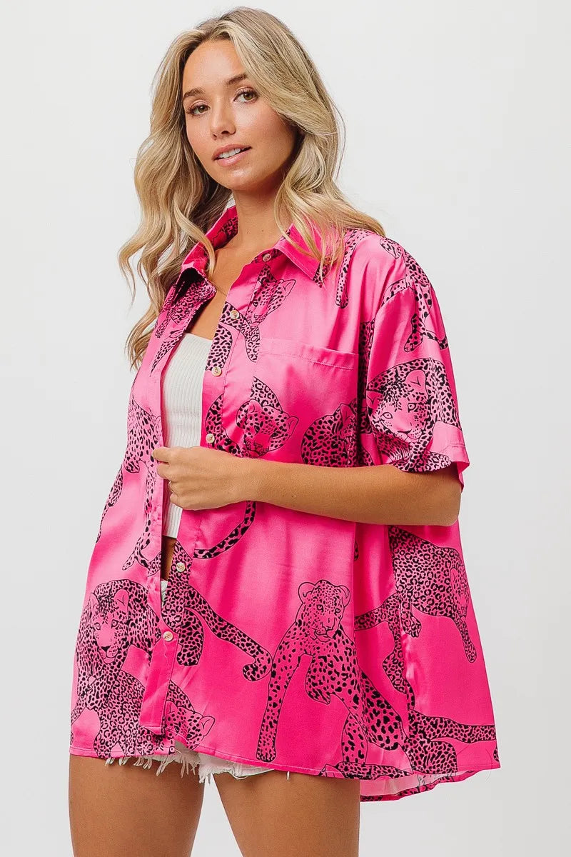 BiBi Fuchsia Leopard Print Short Sleeve Silky Satin Shirt Blouse