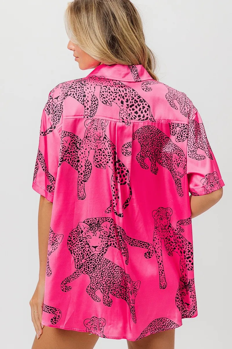BiBi Fuchsia Leopard Print Short Sleeve Silky Satin Shirt Blouse