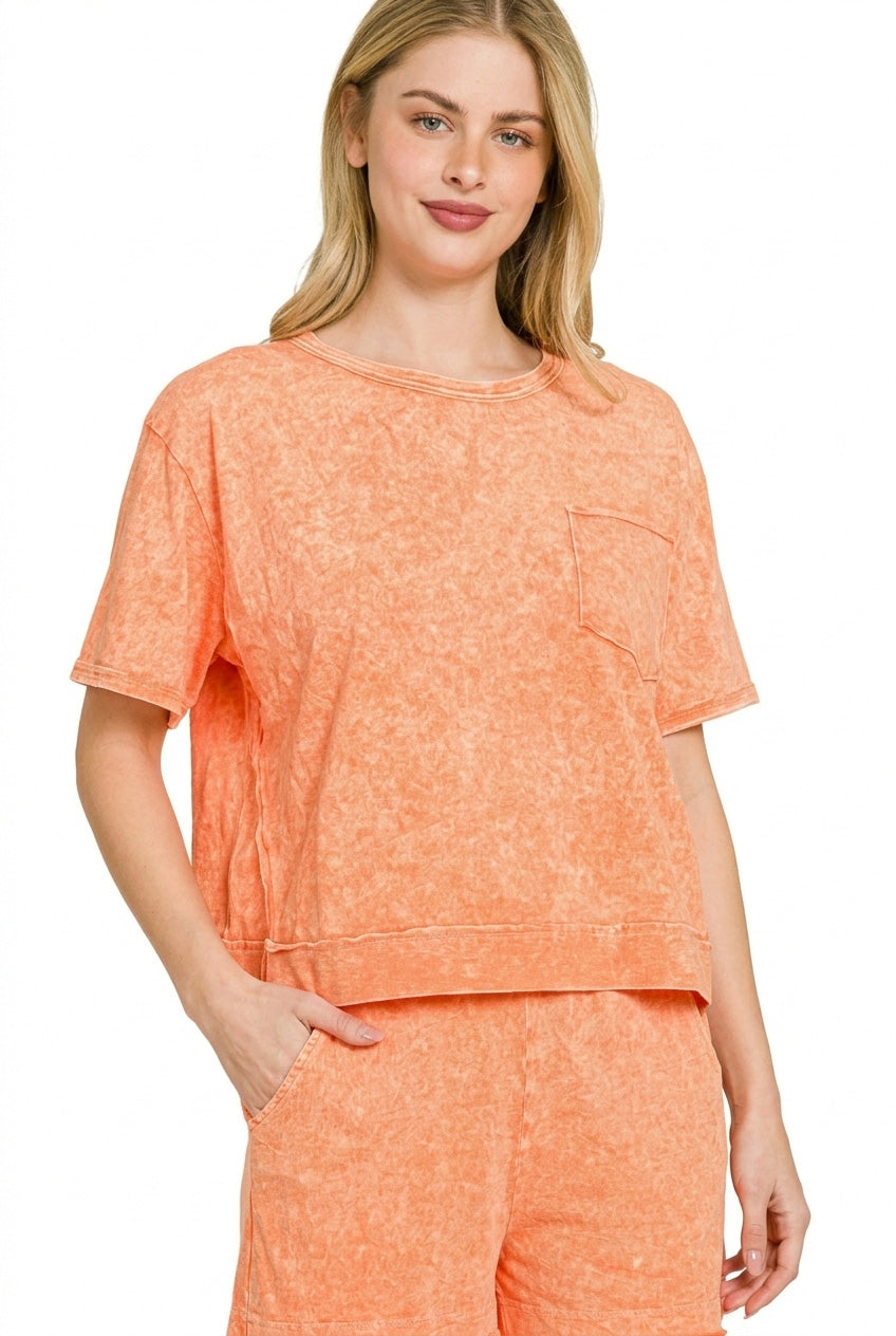 Zenana Orange Halo Snow Washed Boxy Top & Shorts Set