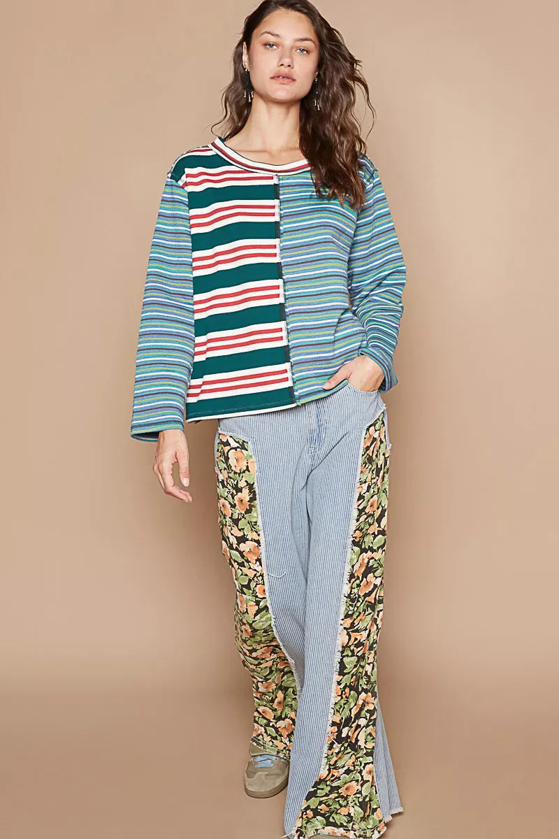 POL Green Multi Color Block Striped Round Neck Long Sleeve T-Shirt
