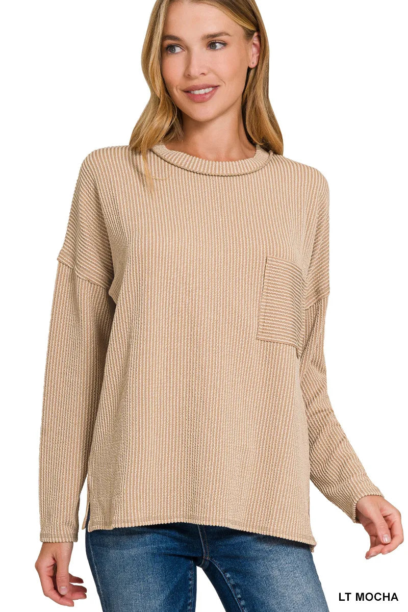 Zenana Light Mocha Long Sleeve Drop Shoulder Rib Top LT MOCHA