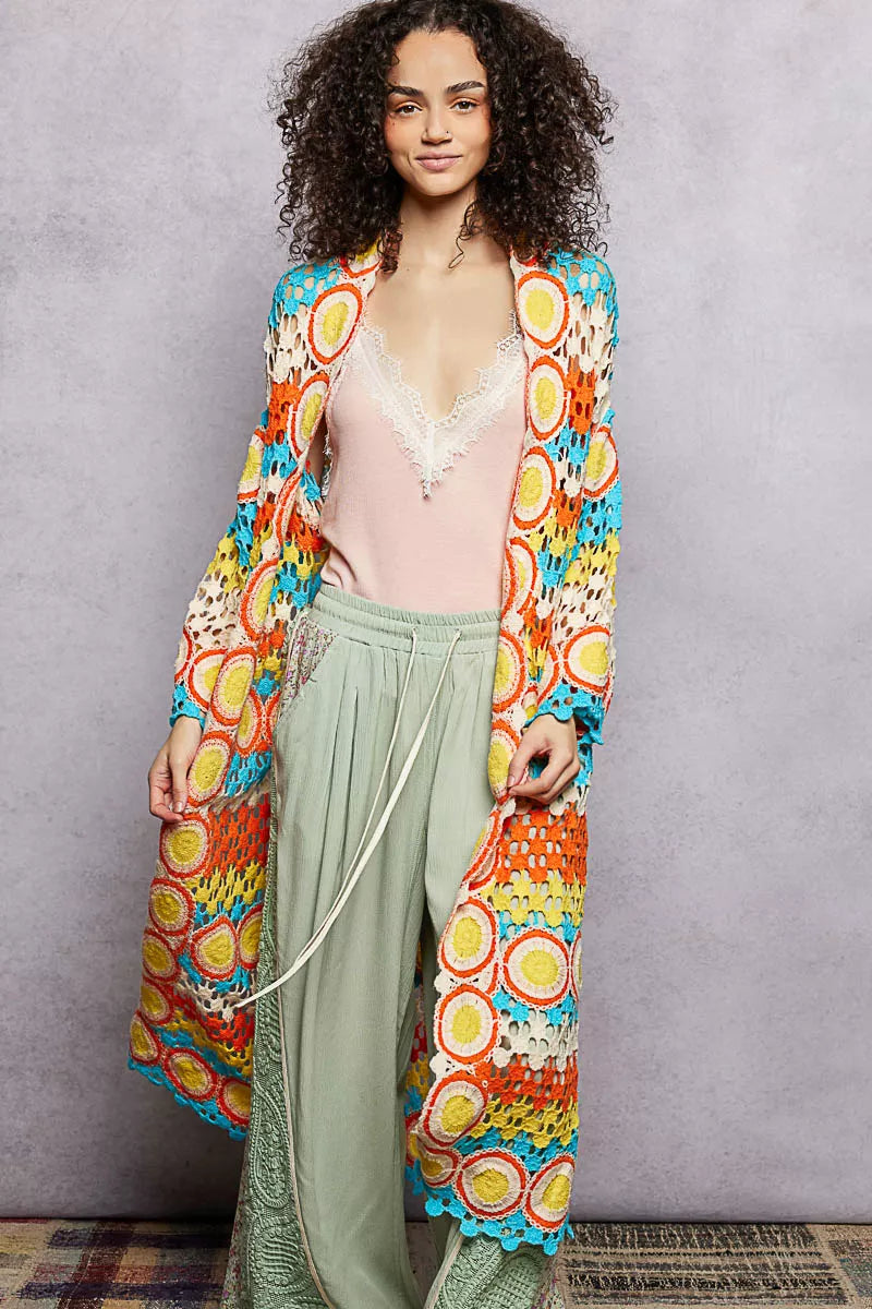 POL Scalloped Edge Open Front Crochet Cardigan with Colorful Stripe Pattern ORANGE MULTI One Size