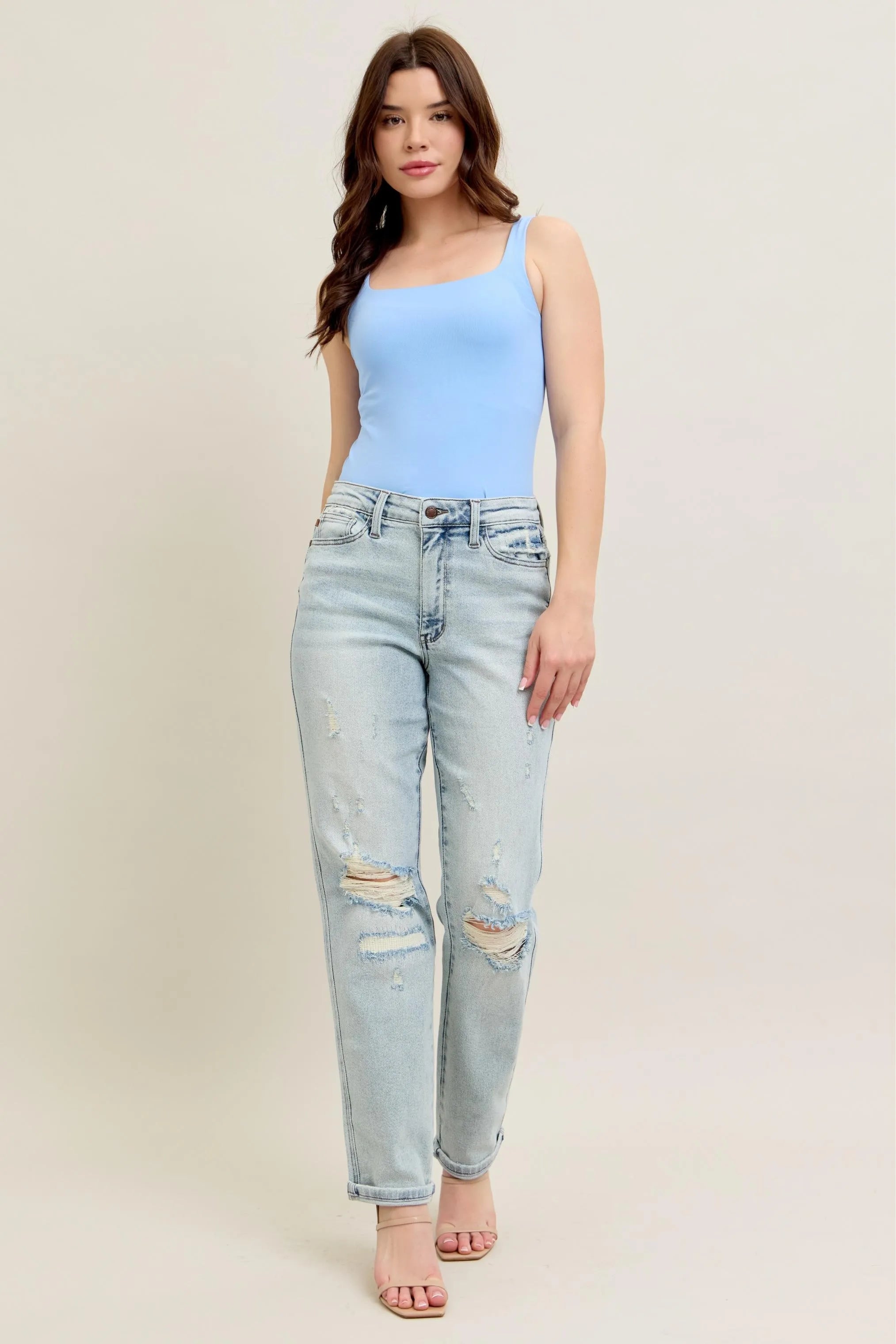 Judy Blue Midrise Repair Stitch Detail Destroy Single Cuff Boyfriend Jeans LT