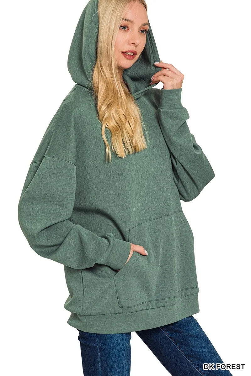 Zenana Dark Forest Oversized Scuba Hoodie with Kangaroo Pocket