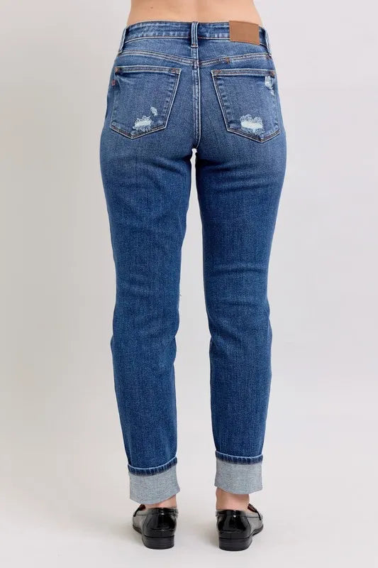 Judy Blue Dark Washed Midi Rise Boyfriend Destroyed Jeans with Yoke Pockets and Faux Selvedge Cuff