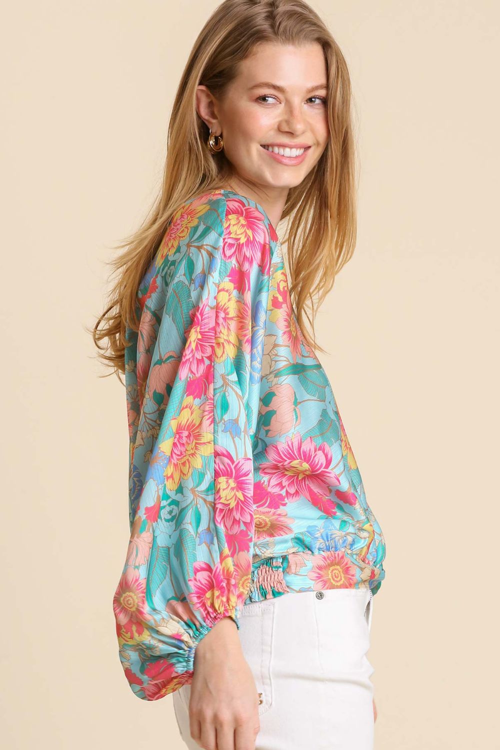 Umgee Turquoise Floral Print Smocked Back Hem V-Neck Blouse