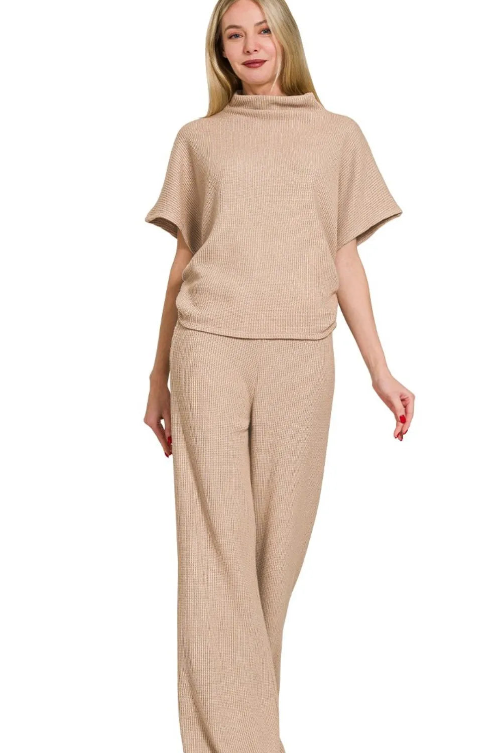 Zenana Light Mocha Sweater Mock Neck Top & Long Pants Set