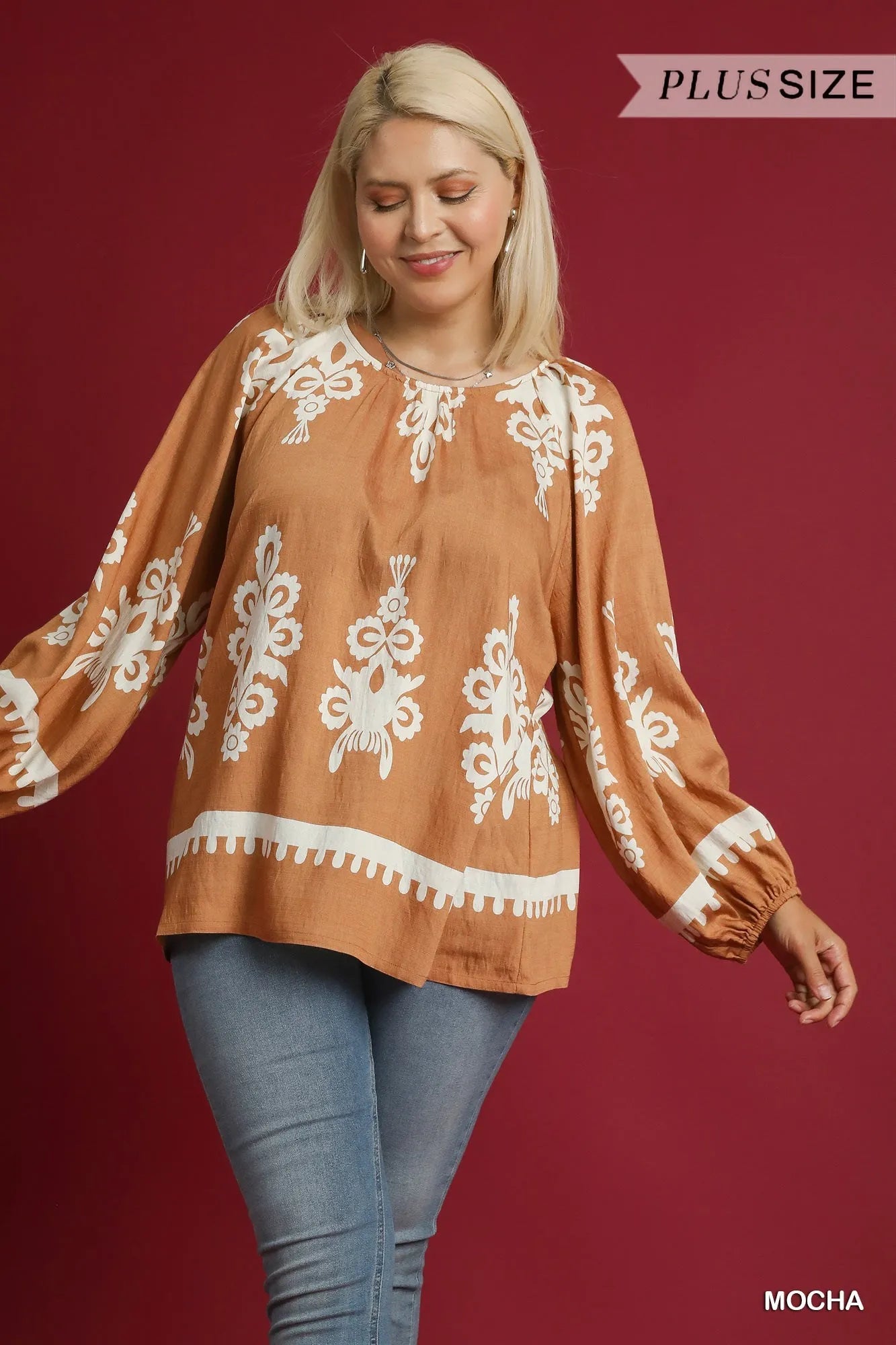 Umgee Mocha Two Tone Boho Border Print Top with Balloon Sleeves