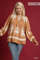 Umgee Mocha Two Tone Boho Border Print Top with Balloon Sleeves
